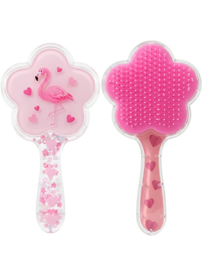 Interactive Kids Hair Brush with Colorful Shaker Beads in Transparent Flower-Shaped Head, Soft Flexible Plastic Bristles for Gentle Detangling, Comfortable Child-Friendly Handle, Pink Flamingo Illustration with Hearts, Detangling Hair Brush for Girls and Boys, Safe and Pain-Free Styling, Perfect for Home, Travel, and School, Durable Transparent Design Protects Internal Decorations and Moving Beads, Fun and Educational Hairbrush for Toddlers and Young Children, Detangling and Playful Hair Care Solution - Image 1